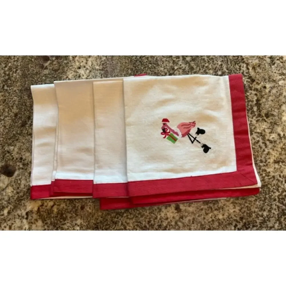 Set Of 4 FLAMINGO Santa Christmas Embroidered White Napkins Cotton Linen NWT New
